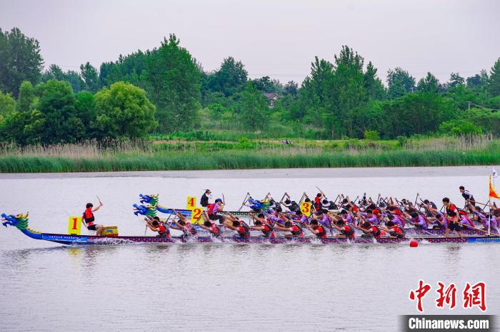 江苏仪征枣林湖三百余名龙舟选手挥桨迎端午，